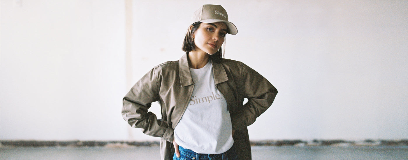 Model wearing the Simple Organic Cotton Station Jacket